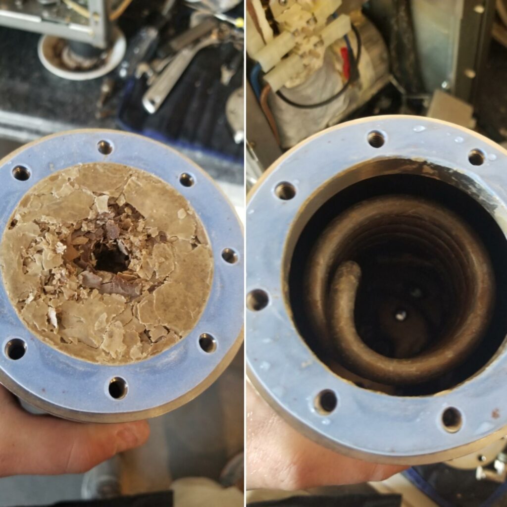 scale buildup in a commercial espresso machine; left - scale untouched, right scale cleaned